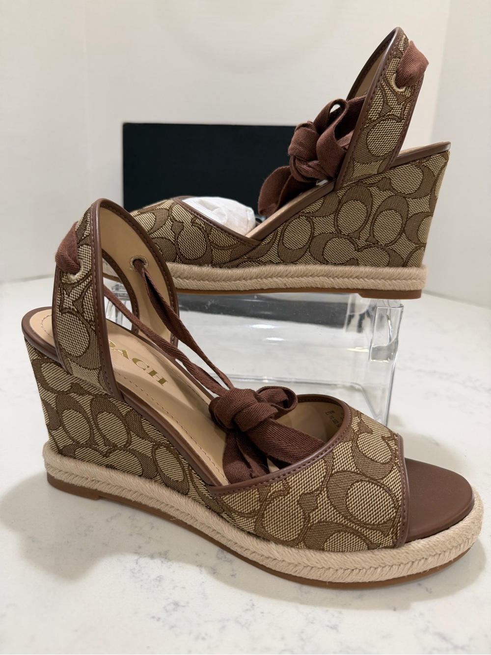 Coach Monogram Ankle-Tie Espadrille Wedges in Brown